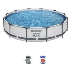 Bestway Steel Pro Max Heavy Duty 12 Foot X 30 Inch Round Above Ground Frame Swimming Pool With Filter Pump And Flowclear 12 Foot Pool Cover With Ropes