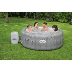Bestway SaluSpa Honolulu AirJet 4 To 6 Person Inflatable Hot Tub Round Portable Outdoor Spa With 140 AirJets And EnergySense Energy Saving Cover, Grey