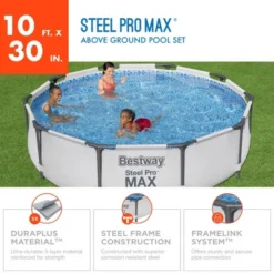 Bestway Steel Pro MAX 10 Foot X 30 Inch Round Metal Frame Above Ground Outdoor Backyard Swimming Pool Set With 330 GPH Filter Pump