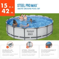 Bestway Steel Pro MAX 15'x42" Round Metal Frame Above Ground Outdoor Swimming Pool With 1,000 Filter Pump, Ladder, And Cover