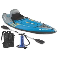 Sevylor K1 QuikPak 1 Person Foldable Inflatable Sit-On Kayak W/ Paddle & Pump & Stearns Women's V2 Series Neoprene V-Flex Life Jacket Vest, Blue, L